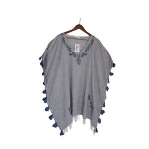 RHEA NWT 100% Cotton Boho Coastal Embroidered Poncho Cover Up White Blue OS
